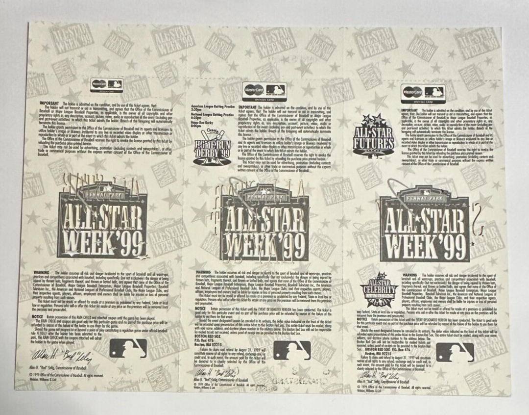 Original 1999 MLB All-Star Game Full Ticket Uncut Strip Rare Fenway Park