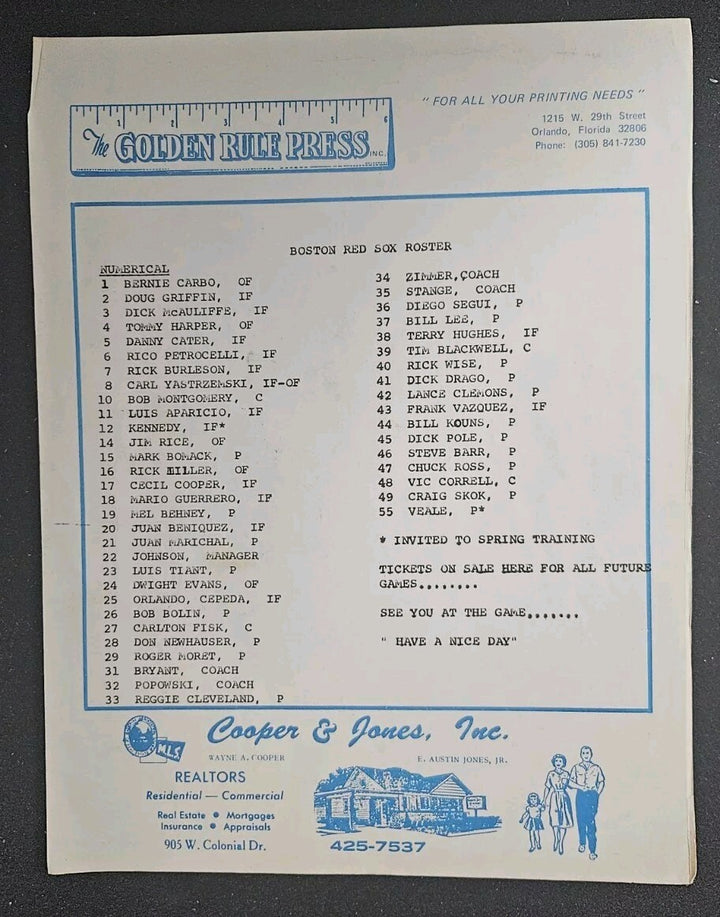 3/24/74 Red Sox vs. Twins Spring Training Program & Ticket Stub