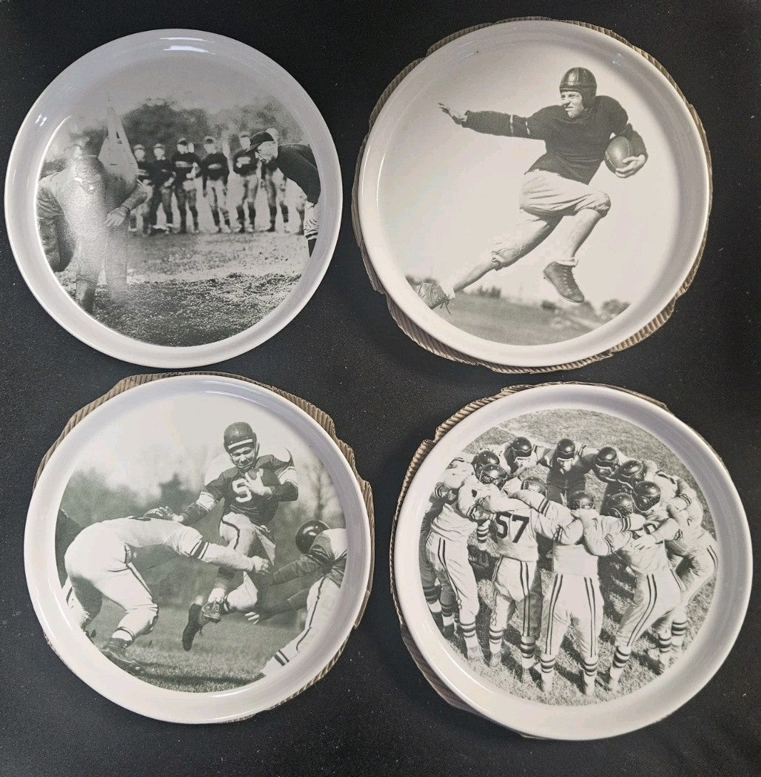 4 Pottery Barn 9.25” Retro Football Lunch Snack Plates Man Cave Plate Sports