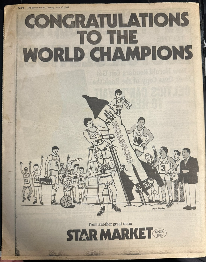 Larry Bird Autographed 6/10/1986 Issue of the Boston Herald NBA Champs Bird Holo