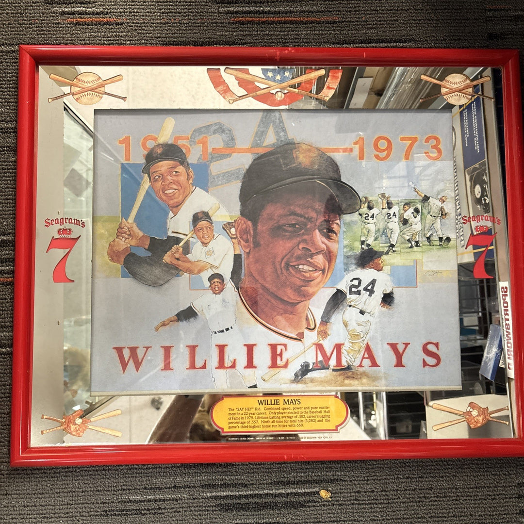 SEAGRAM'S 7 Willie Mays HOF NY Giants Vintage Framed Bar Mirror 21x17in