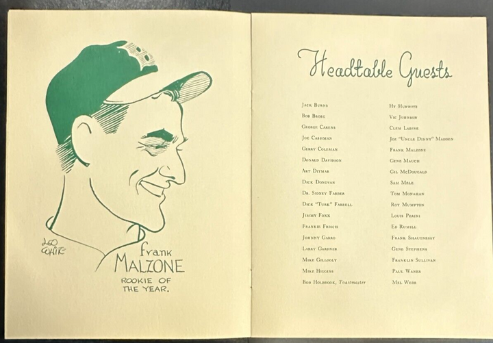 Jan 22, 1958 19th Annual Baseball Writers Association America Dinner Program