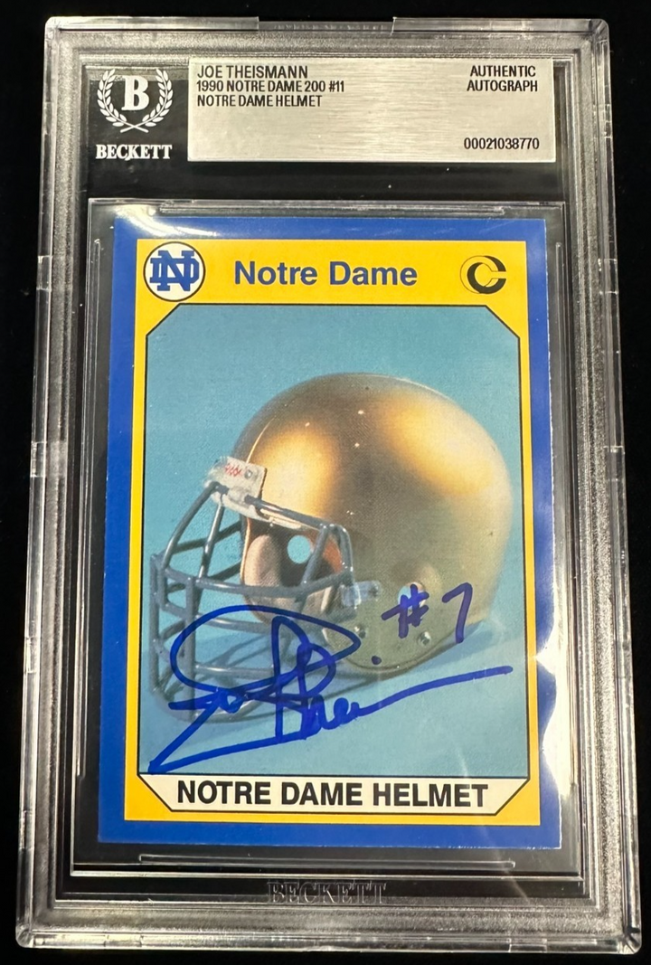 Joe Theismann Autographed 1990 Notre Dame Helmet Card #11 BAS Slabbed