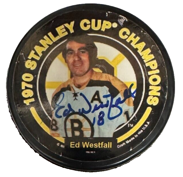 Ed Westfall Autographed Boston Bruins Photo Puck BAS NHL