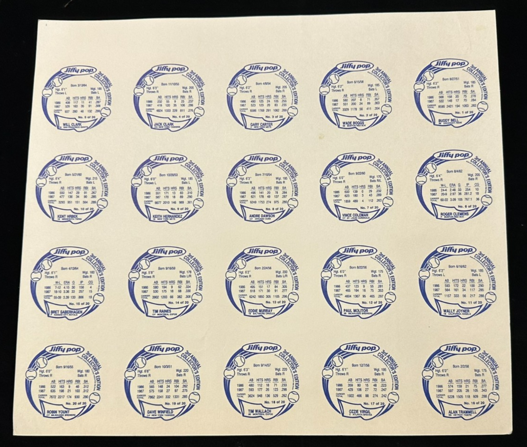1988 Jiffy Pop Baseball Uncut Sheet Yount Molitor Winfield Clemens Boggs Carter