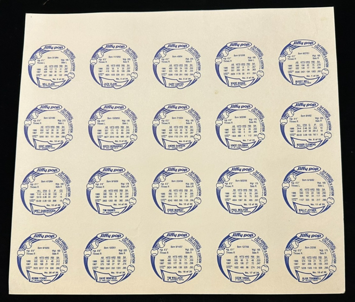 1988 Jiffy Pop Baseball Uncut Sheet Yount Molitor Winfield Clemens Boggs Carter