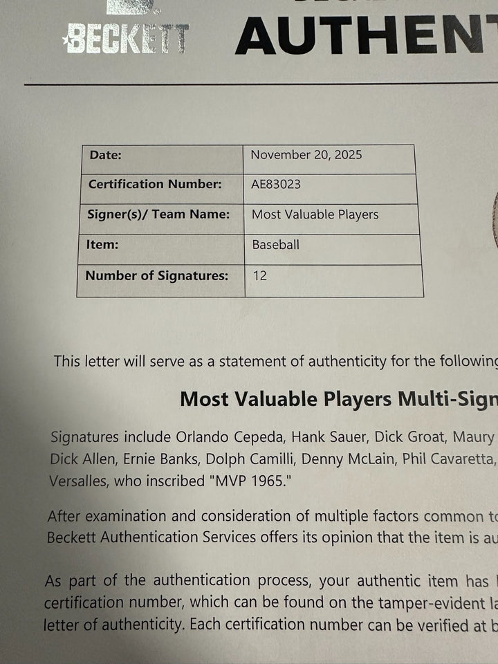 MLB MVP's Autographed ONL Baseball Robinson Banks Cepeda Allen BAS