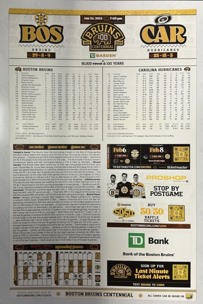 Jakub Lauko Autographed Boston Bruins 1/24/2024 Line-Up Poster NHL