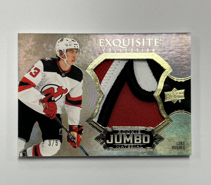 2023-24 Luke Hughes Exquisite Rookie Jumbo Material Logo Patch 3/5 Devils