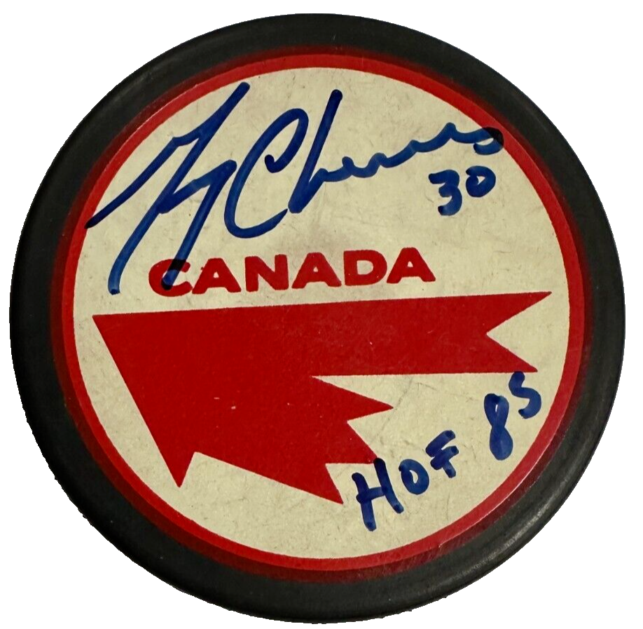 Gerry Cheevers Autographed Team Canada Puck W/ HOF 85 BAS