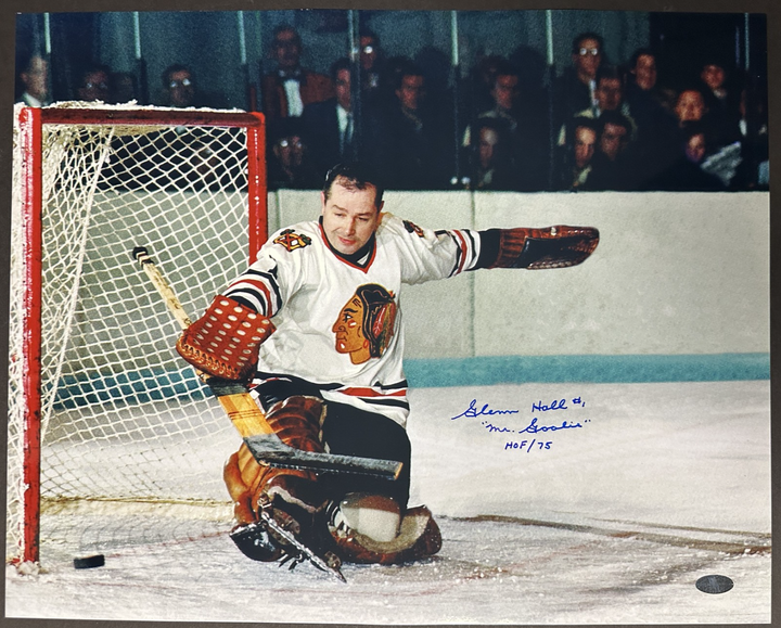 Glenn Hall Signed 16x20 Photo Chicago Black Hawks Photo W/ HOF 75 & Mr. Goalie