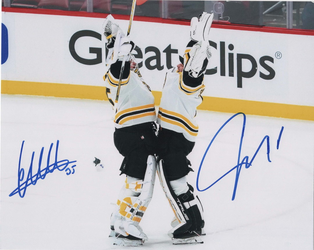 Linus Ullmark & Jeremy Swayman Autographed Boston Bruins Goalie Hug 8x10 Photo