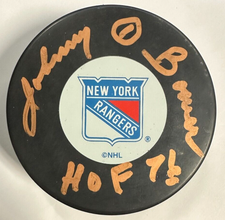 Johnny Bower Autographed New York Rangers Hockey Puck W/ HOF 76 JSA