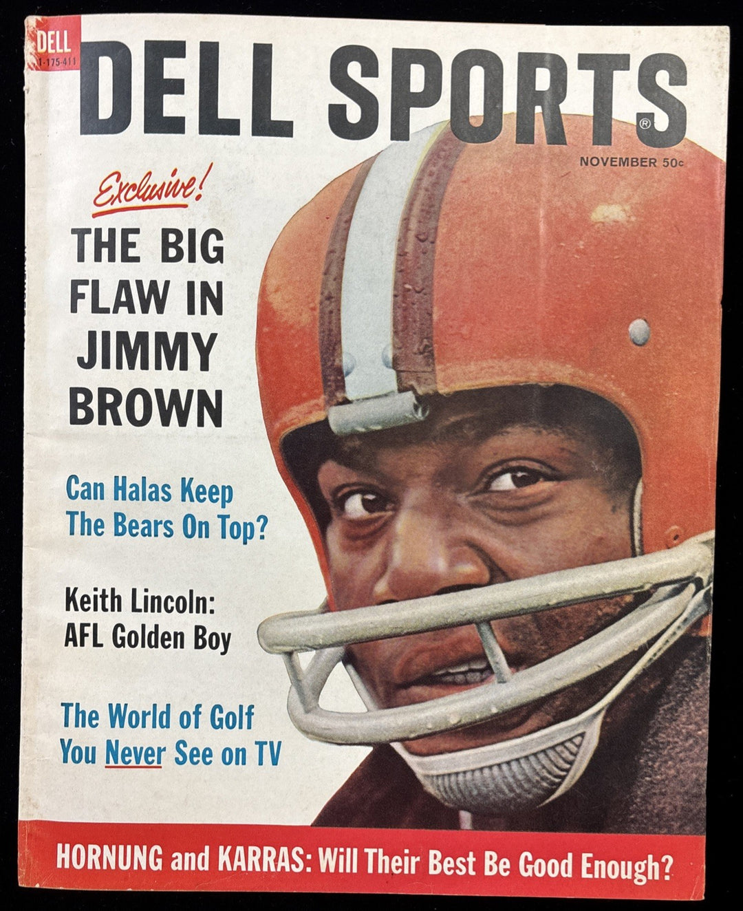 classic 1964 football helmet 1964 Nov Dell Sports magazine football Jim Brown Browns / Keith Lincol – Phil and Cory Castinetti's Sportsworld