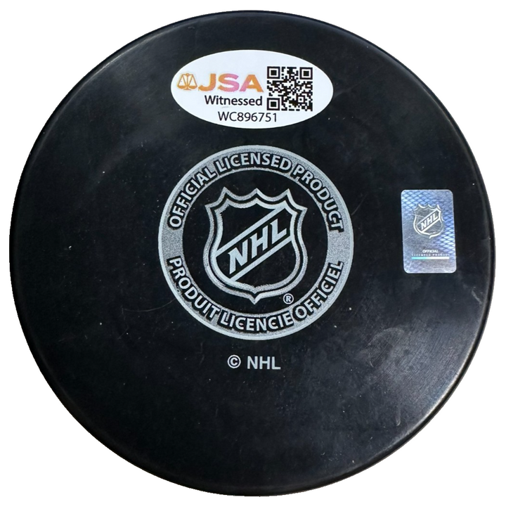 Andrew Ference Autographed Edmonton Oilers Puck JSA W/ 2014 King Clancy Insc