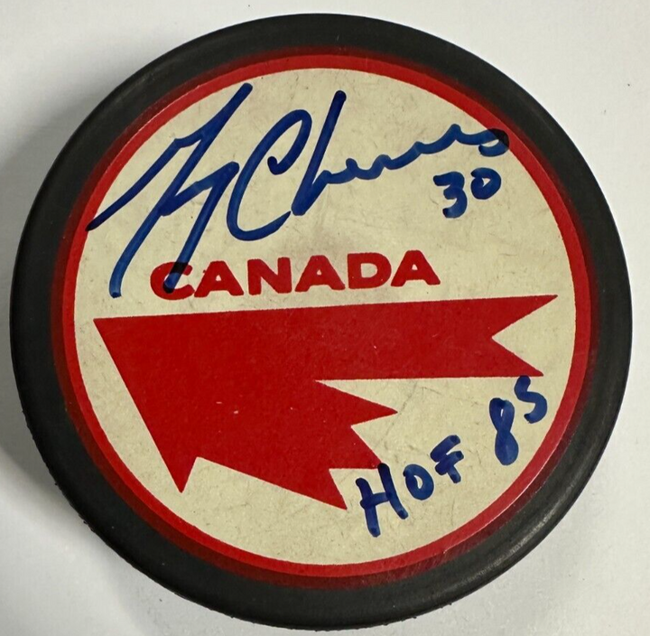 Gerry Cheevers Autographed Team Canada Puck W/ HOF 85 BAS