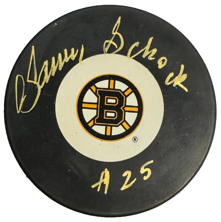 Danny Schock Autographed Boston Bruins Hockey Puck NHL