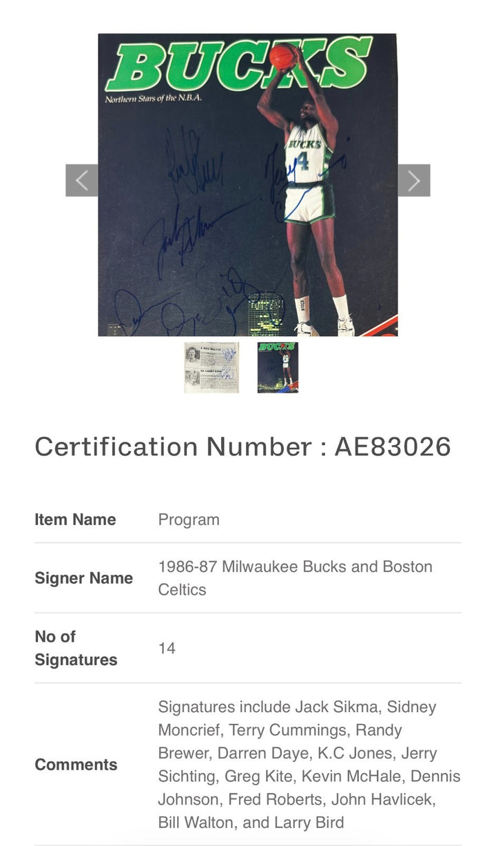 1986-87 Celtics & Bucks Team Signed Program Bird DJ KC Jones Havlicek Sikma