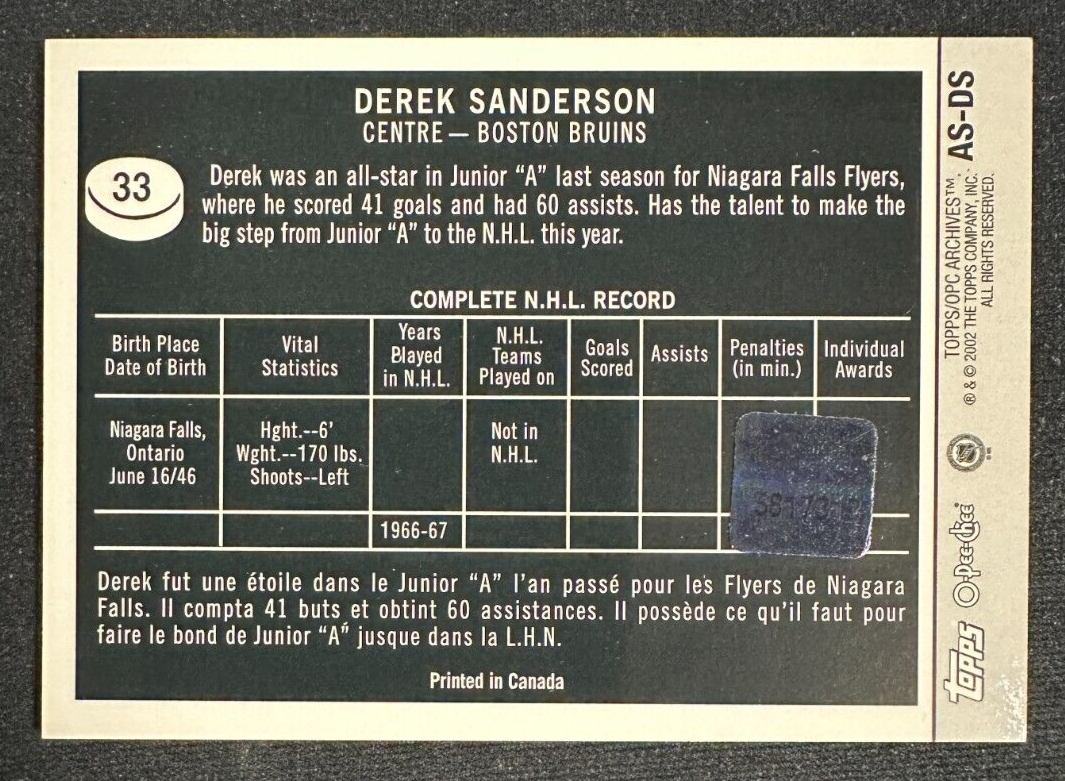 2002 Topps Archives Derek Sanderson Authentic Boston Garden Seat Card