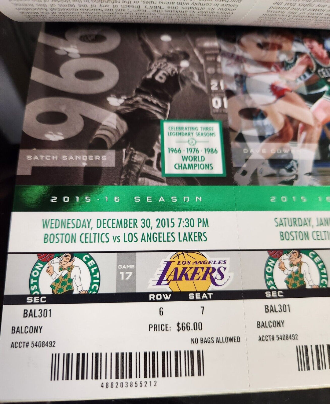 2015- 16 Boston Celtics Full Season Ticket Book - Kobe Bryant Last Game Boston 