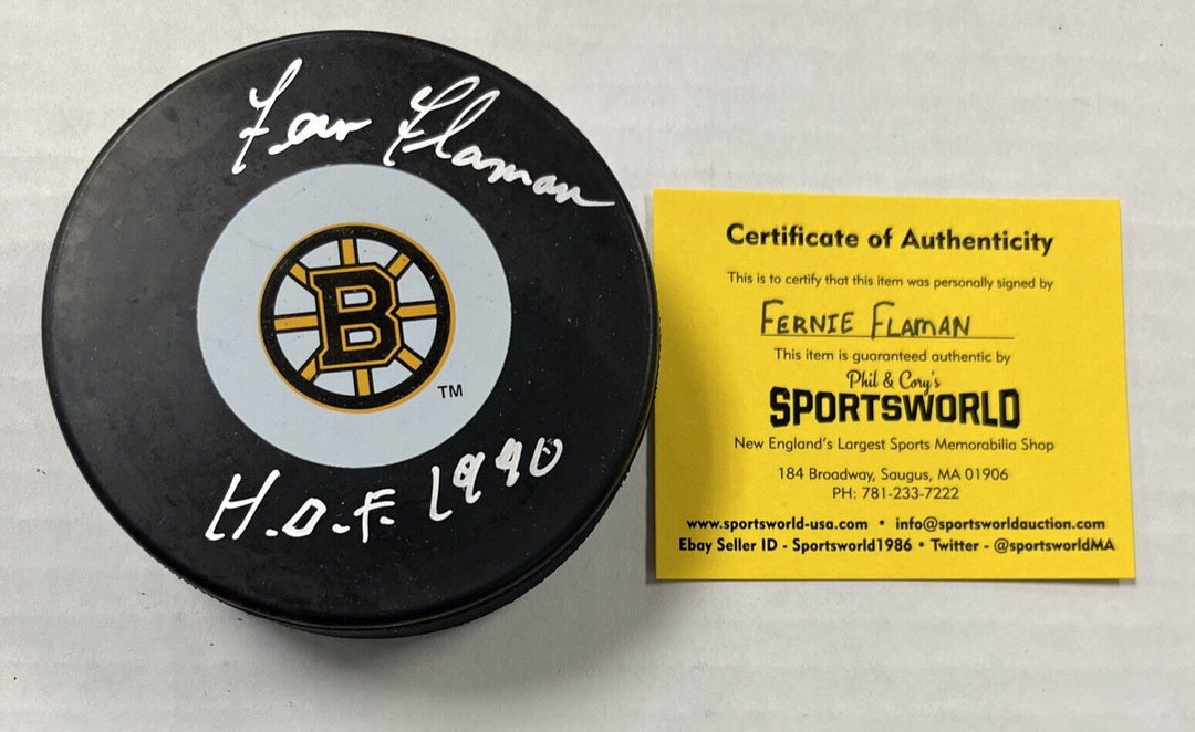 Ferny Flaman HOF Inscribed Signed Puck Autographed Boston Bruins