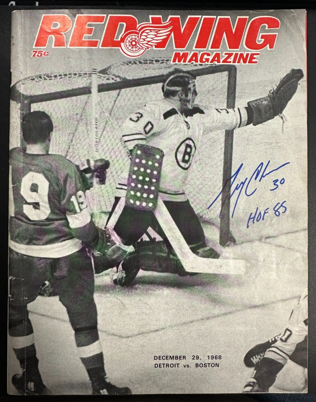 Gerry Cheevers Autographed December 29, 1968 Red Wings & Bruins Program