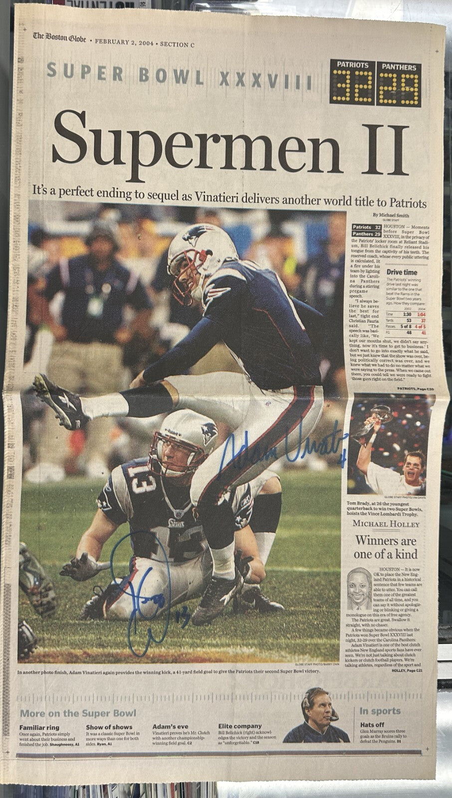 Adam Vinatieri & Ken Walter Signed Feb 2, 2004 Boston Globe Patriots SB XXXVIII