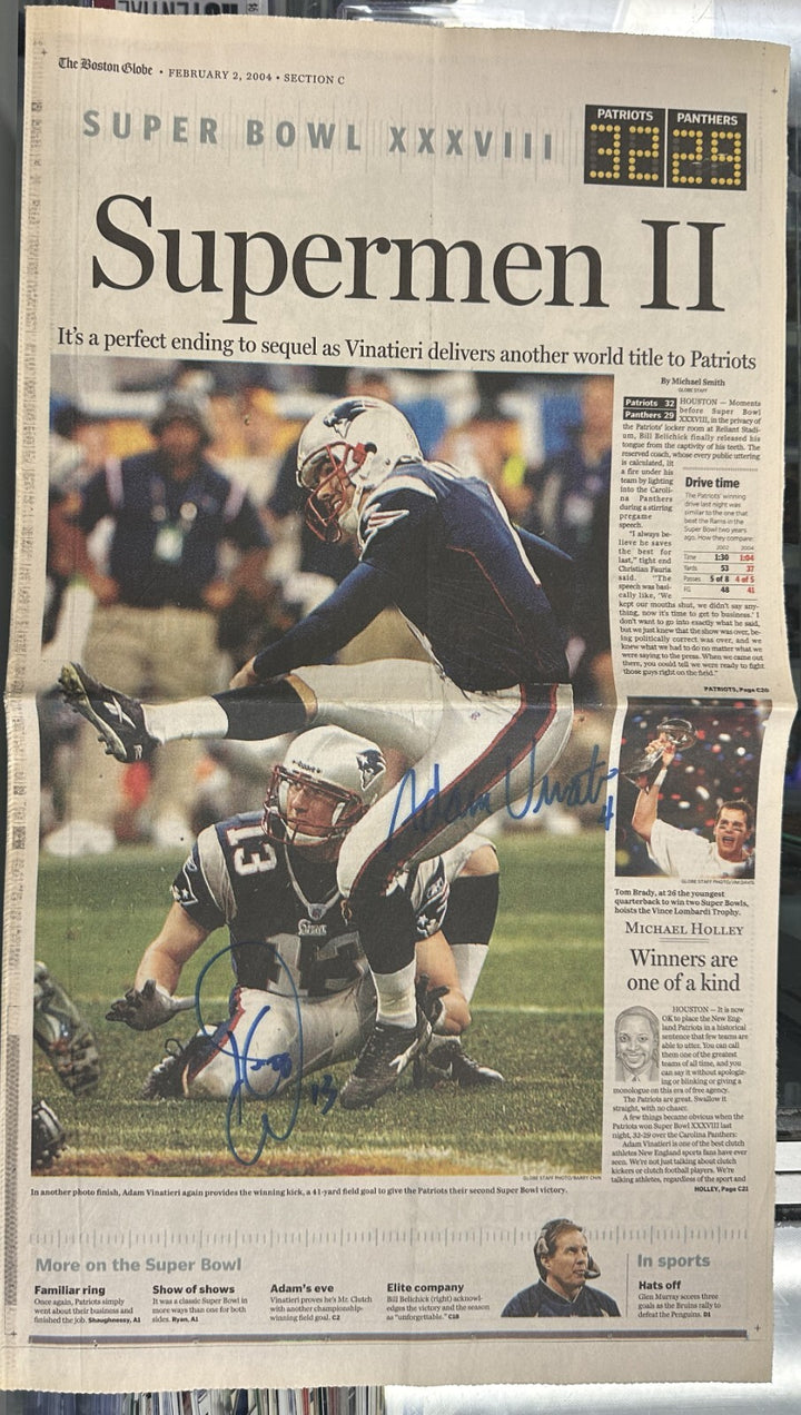 Adam Vinatieri & Ken Walter Signed Feb 2, 2004 Boston Globe Patriots SB XXXVIII
