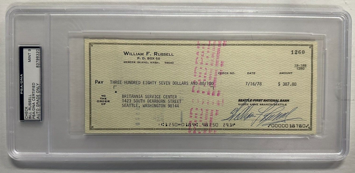 Bill Russell Autographed Personal Check W/ Full Name PSA/DNA 9 Mint Celtics HOF