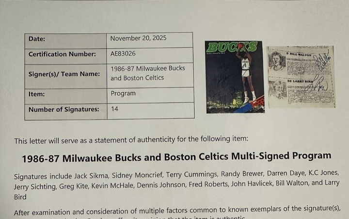 1986-87 Celtics & Bucks Team Signed Program Bird DJ KC Jones Havlicek Sikma