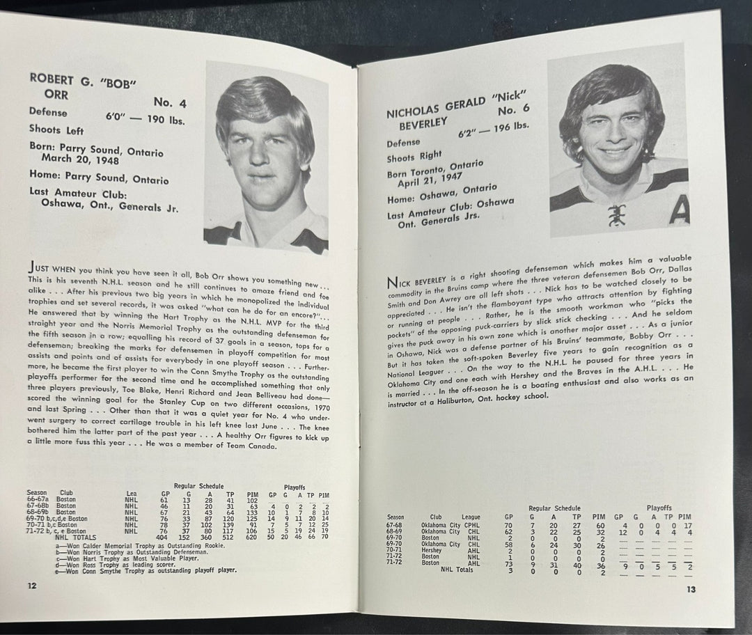 Vintage 1972-73 Boston Bruins Official Press & Media Guide NHL