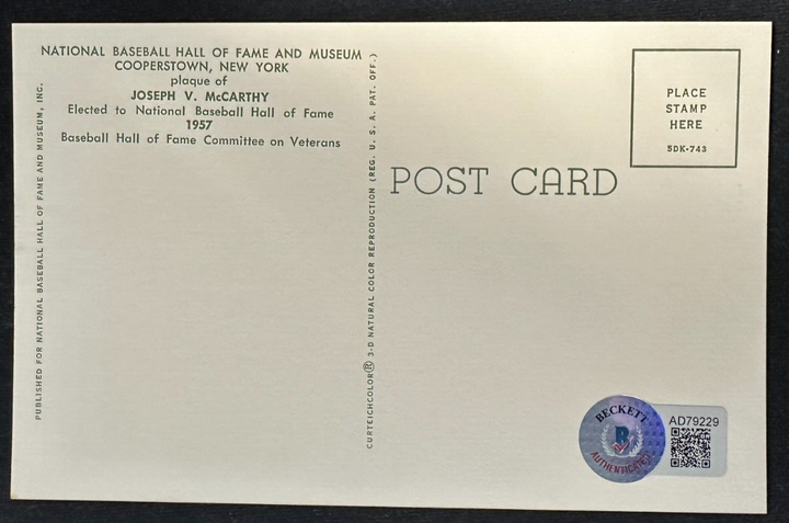 Joe McCarthy Autographed MLB Hall Of Fame Postcard Senators Yankees BAS