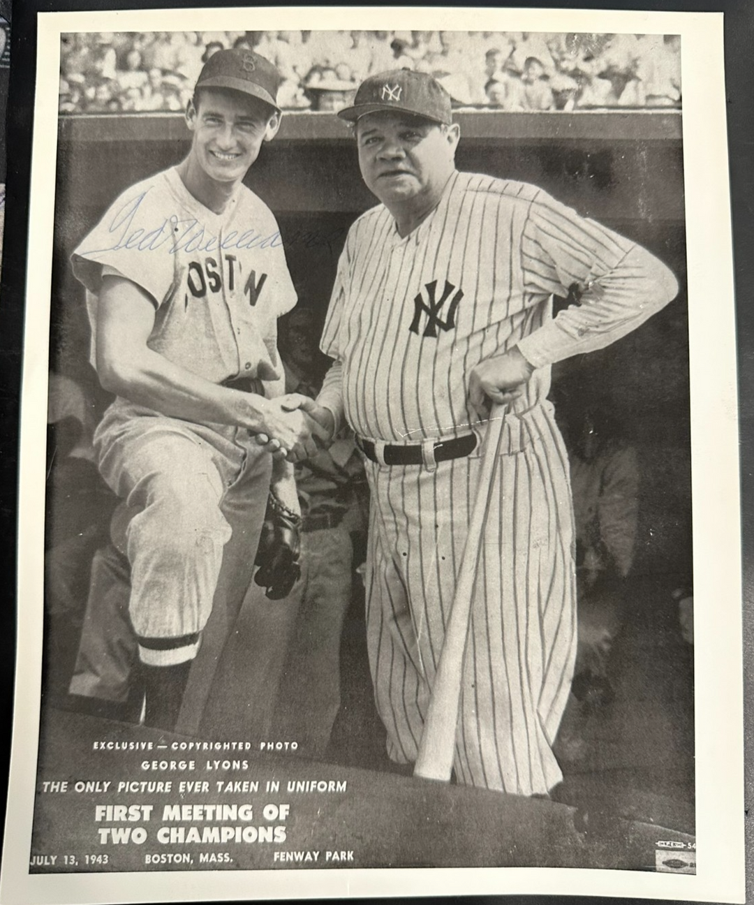 Ted Williams Autographed 8x10 Photo W/ Babe Ruth Boston Red Sox BAS HOF