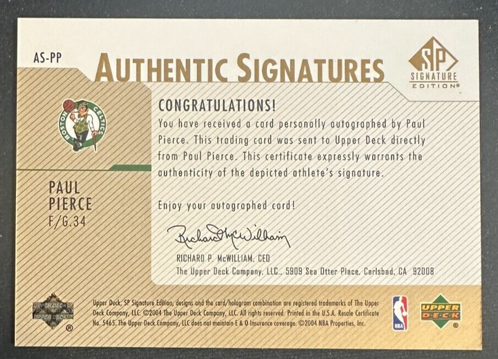 2003-04 Upper Deck Basketball Authentic Signatures Paul Pierce Signed card 42/50