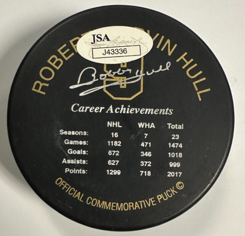 Bobby Hull Autographed the Golden Jet Commemorative Hockey Puck JSA W/ HOF 1983