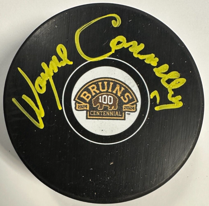 Wayne Connolly Autographed Boston Bruins 100th Anniversary Hockey Puck NHL