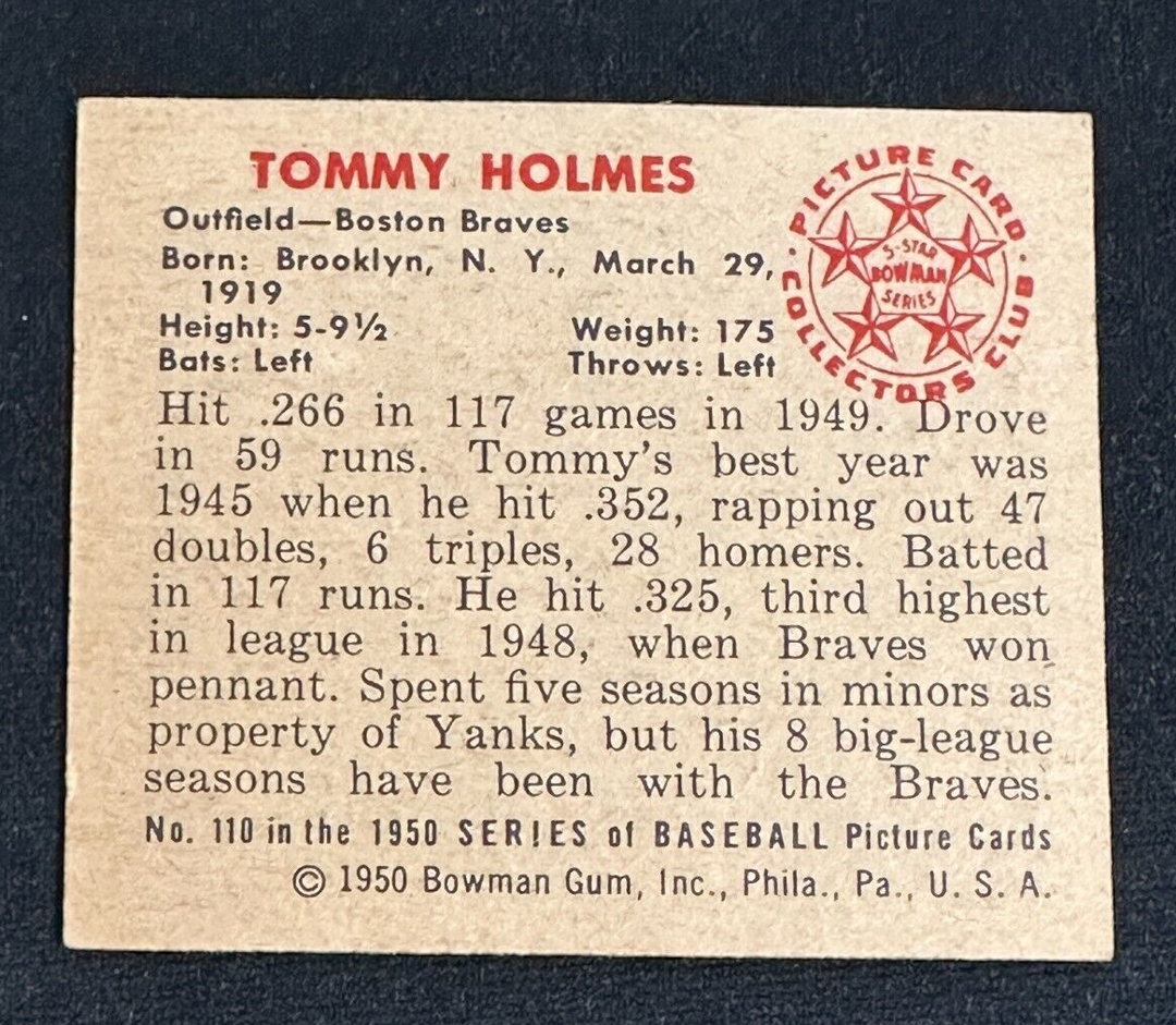 Tommy Holmes Autographed 1950 Bowman Card #110 Boston Braves