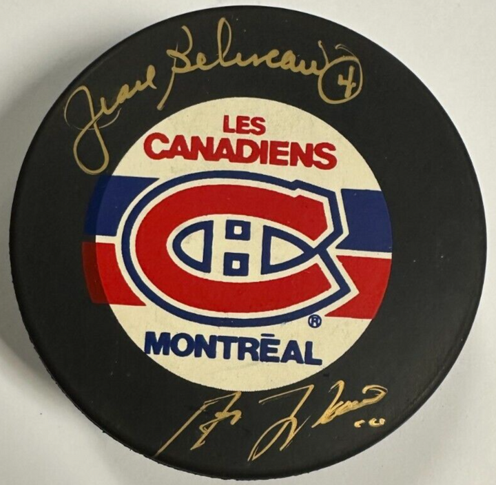 Jean Beliveau & Guy LaFleur Autographed Montreal Canadiens Game Puck HOF BAS