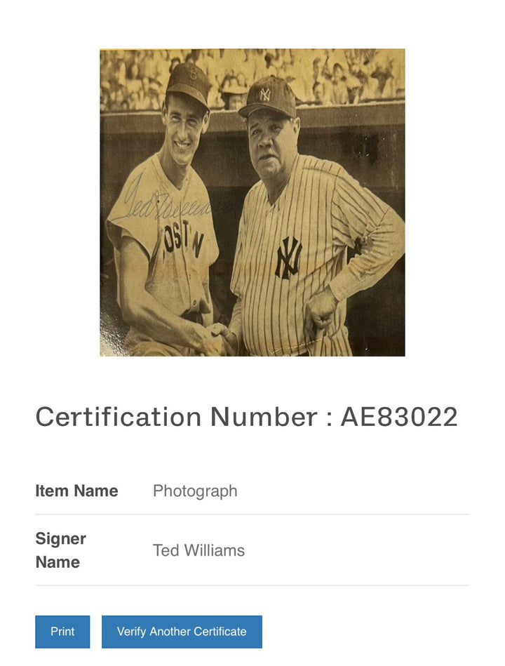Ted Williams Autographed 8x10 Photo W/ Babe Ruth Boston Red Sox BAS HOF