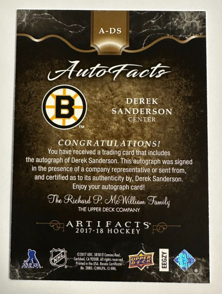 2017-18 Upper Deck Artifacts Autofacts Derek Sanderson Autographed Card