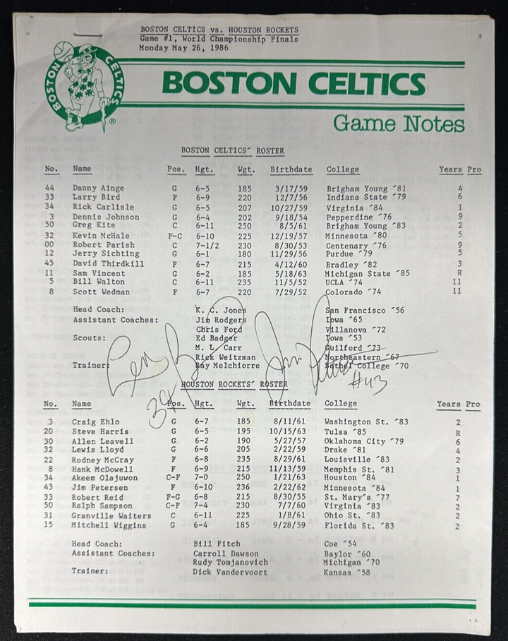 Len Bias Autographed Boston Celtics & Rockets 1986 NBA Finals Game #1 Notes JSA