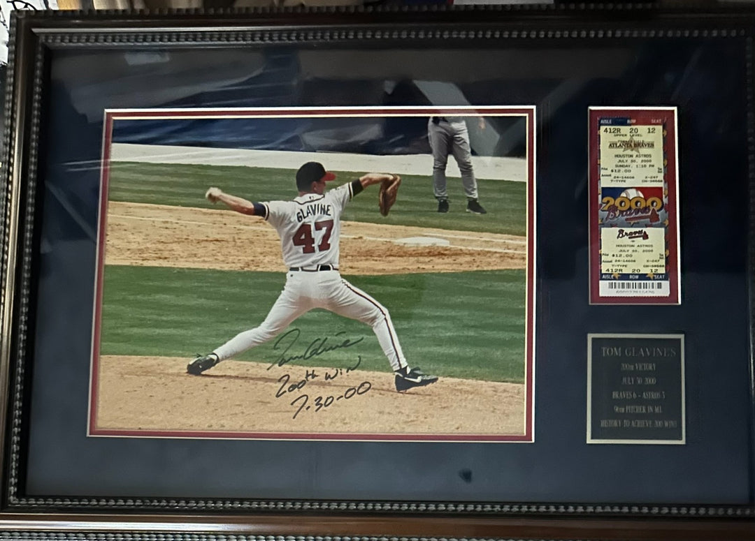 Tom Glavine Autographed 200th Career Win 11x14 Photo & Full Ticket Inscribed