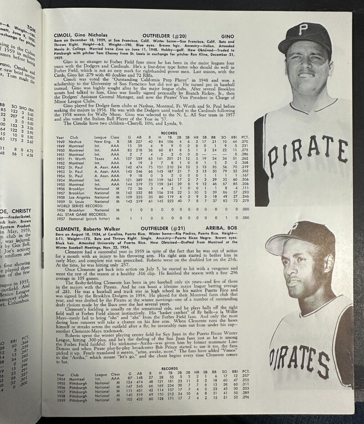 1960 Pittsburgh Pirates Baseball Yearbook Burgess Clemente Mazeroski