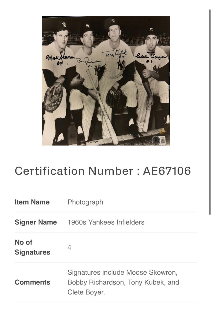 Skowron Kubek Richardson & Boyer Autographed 8x10 Photo New York Yankees BAS