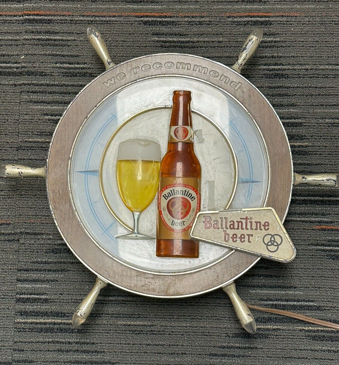 Vintage Lighted Ballantine Beer Ships Wheel Barometer Sign Rare Works