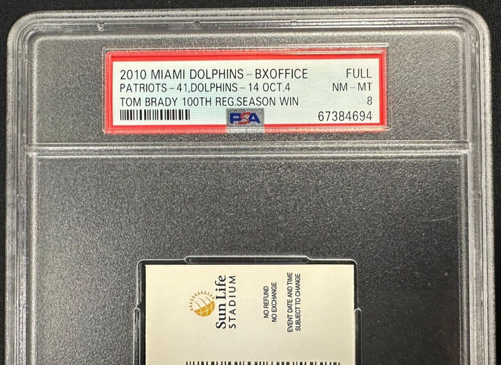 2010 Miami Dolphins & New England Patriots Full Ticket Tom Brady 100th Win PSA 8