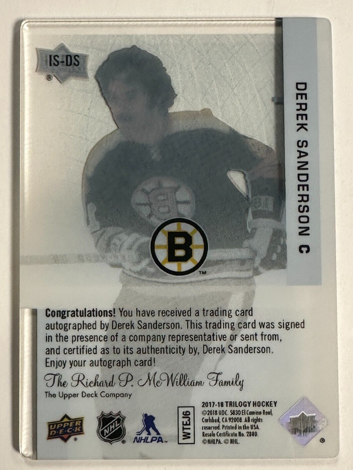 2017-18 Upper Deck Trilogy Ice Scripts Derek Sanderson Autographed Card