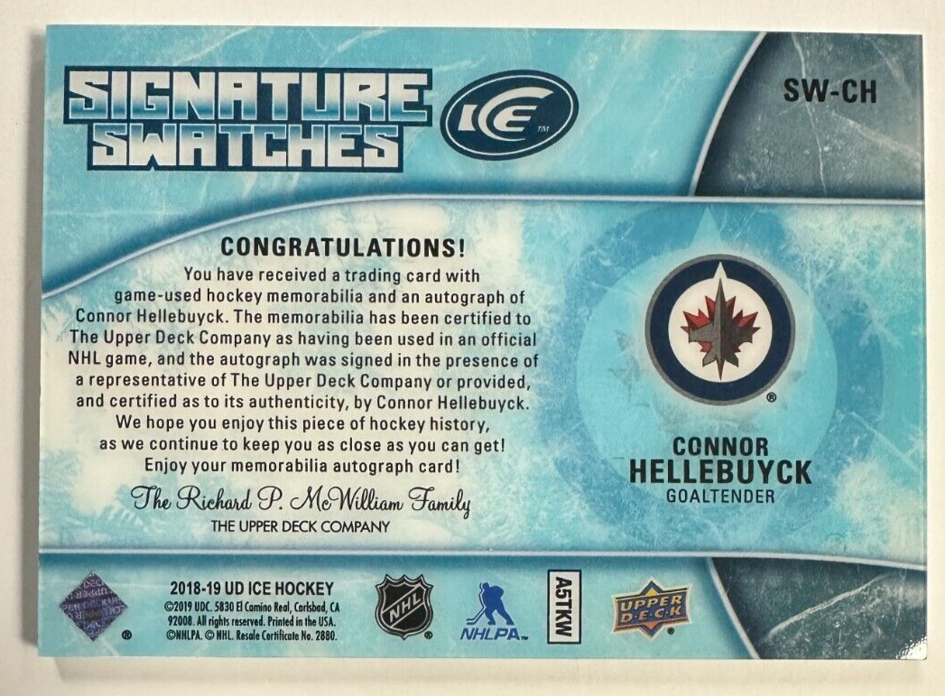 2018-19 UD Ice Signature Swatches Connor Hellebuyck Auto 3 Color Patch 6/15