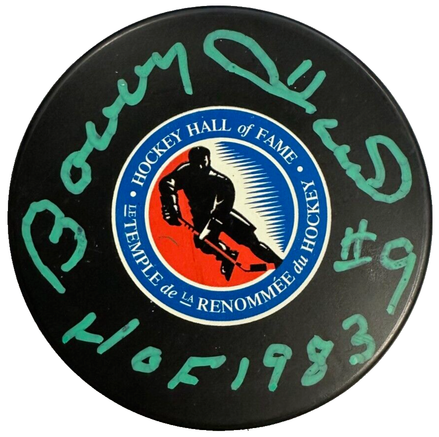 Bobby Hull Autographed Hockey Hall of Fame Puck W/ HOF 83 BAS Blackhawks