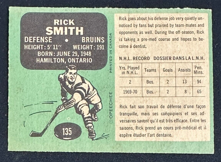 Rick Smith Autographed 1970-71 O-PEE-CHEE Rookie Card RC #135 Boston Bruins